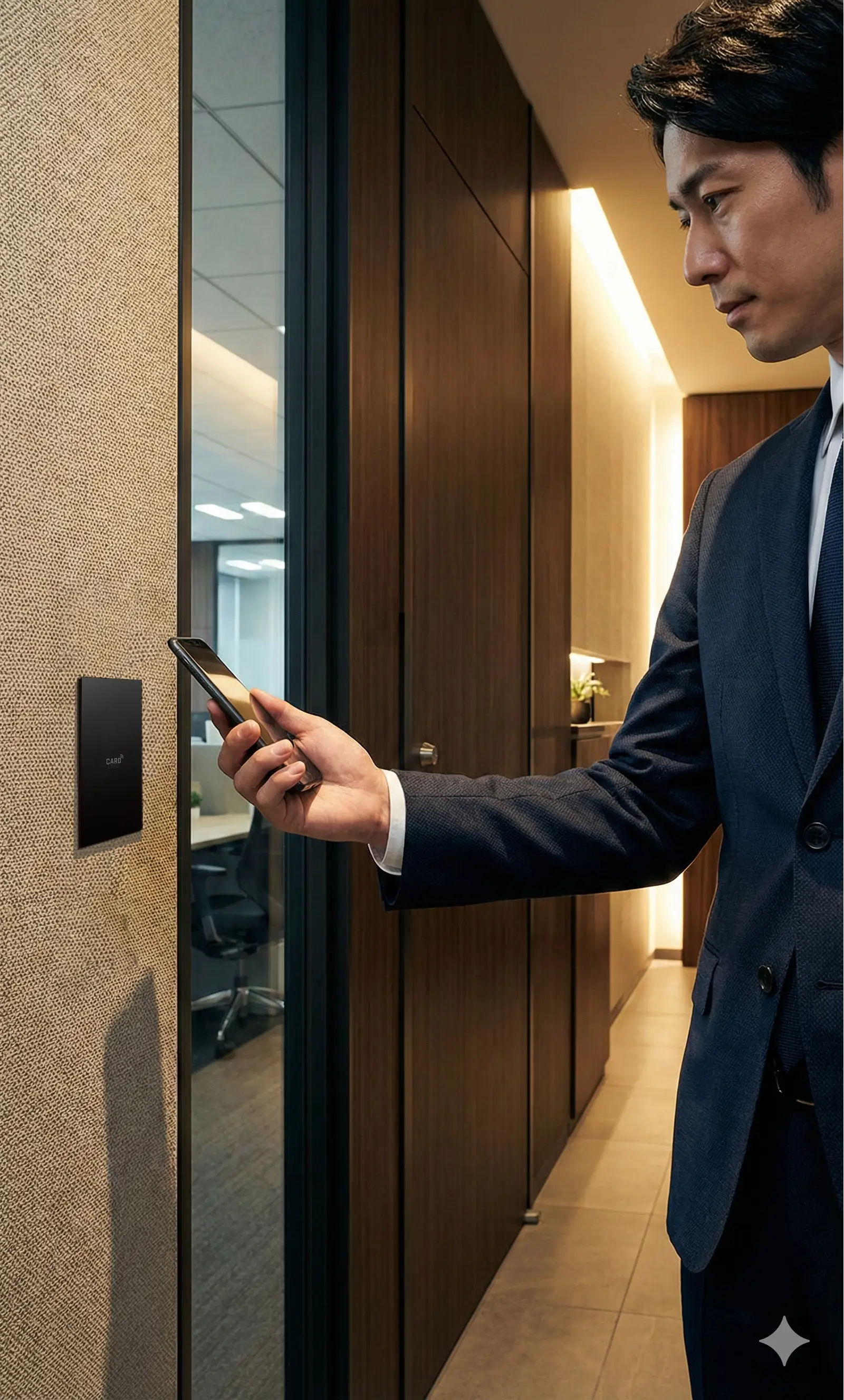 Lavish入退室管理システムの設置イメージ ─ オフィスでカードリーダーを使用する様子